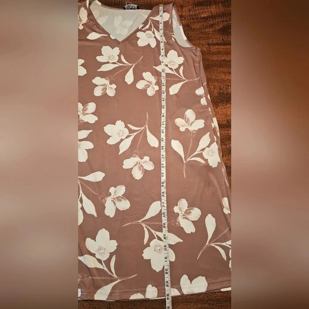 Bon Apple Tea Coffee & White Floral Pocket Sleeveless V Neck Shift Dress Size S - Picture 12 of 12